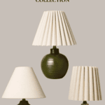 Discover the Hearth and Hand with Magnolia Target Fall Collection featuring three exquisite lamps. The top lamp boasts a pleated cream shade and an olive green ribbed base, while the middle lamp offers a smooth cream shade atop a brown ribbed base. The bottom lamp completes the trio with its beige ribbed base and pleated cream shade.