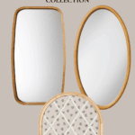 Promotional image for the Hearth and Hand with Magnolia Target Fall Collection featuring three different mirrors with wooden frames: a rectangular mirror, an oval mirror, and an arched mirror with a decorative pattern on one half. The URL christeneholderhome.com is at the bottom.