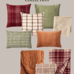 An assortment of fall-themed pillows and blankets from the Hearth and Hand with Magnolia Target Fall Collection. The items feature cozy textures and warm colors, including green, red, orange, beige, and plaid patterns. Text at the top reads "Hearth & Hand with Magnolia Target Fall Collection.