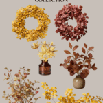 A promotional graphic for the Hearth and Hand with Magnolia Target Fall Collection. The image features various autumn-themed decorative items, including two wreaths and several floral arrangements in vases, with yellow and red foliage. The website www.christeneholderhome.com is at the bottom.