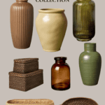 A collection of fall-themed home decor from Hearth and Hand with Magnolia, displayed against a beige background. Items include various vases in brown, yellow, green, and amber, woven storage baskets, and a decorative tray. Text reads "Hearth & Hand Target Fall Collection" and "christeneholderhome.com".