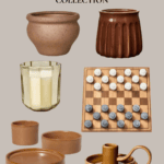 An arrangement of Hearth and Hand with Magnolia Target Fall Collection items. The collection includes various ceramic products such as planters, a table game with stones, a votive candle holder, a tray, and a cup and saucer set, all in earthy tones.