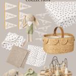 A Target Fall collection by Hearth & Hand with Magnolia featuring baby products: stuffed bunnies, milestone markers, a bassinet, a knitted blanket, swaddle blankets, a basket, and a wooden toy set on display. Background has text "Hearth and Hand with Magnolia Target Fall Collection.