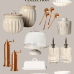 An image showcasing the Hearth and Hand with Magnolia Target Fall Collection, featuring ceramic jars, a gold-toned spoon set, marble canister, cake stand, oil dispensers, salt and pepper grinders, dish towel set, white bowl, and vase. The website christeneholderhome.com is at the bottom.