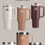 Promotional image for the Hearth and Hand with Magnolia Target Fall Collection showcasing five insulated mugs and tumblers. They are arranged in two rows, featuring various colors including white, beige, brown, and maroon, each with a Stanley logo and unique design patterns.