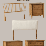 A promotional image for the Hearth & Hand with Magnolia Target Fall Collection. It features a bed frame with wooden slats, a white upholstered headboard, and three wooden dressers: one with two drawers, one with three drawers, and one with four drawers. Text reads "HEARTH & HAND TARGET FALL COLLECTION.