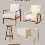 A promotional image for the Hearth and Hand with Magnolia Target Fall Collection. It features various pieces of wooden furniture, including an armchair, rocking chair, bar stool, ottoman, side table, step stool, and end table. The text includes the collection name and a website.