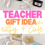 Three small black zipper pouches with Target gift cards, thank you tags, and gold pom-pom keychains are shown as a cute and easy end of year teacher gift idea, with colorful text and decorative accents in the image.